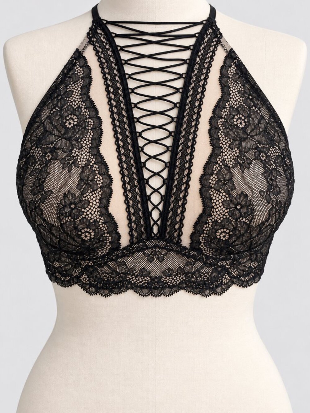 Victoria’s Secret Black Floral Lace High Neck Lace-Up Bralette